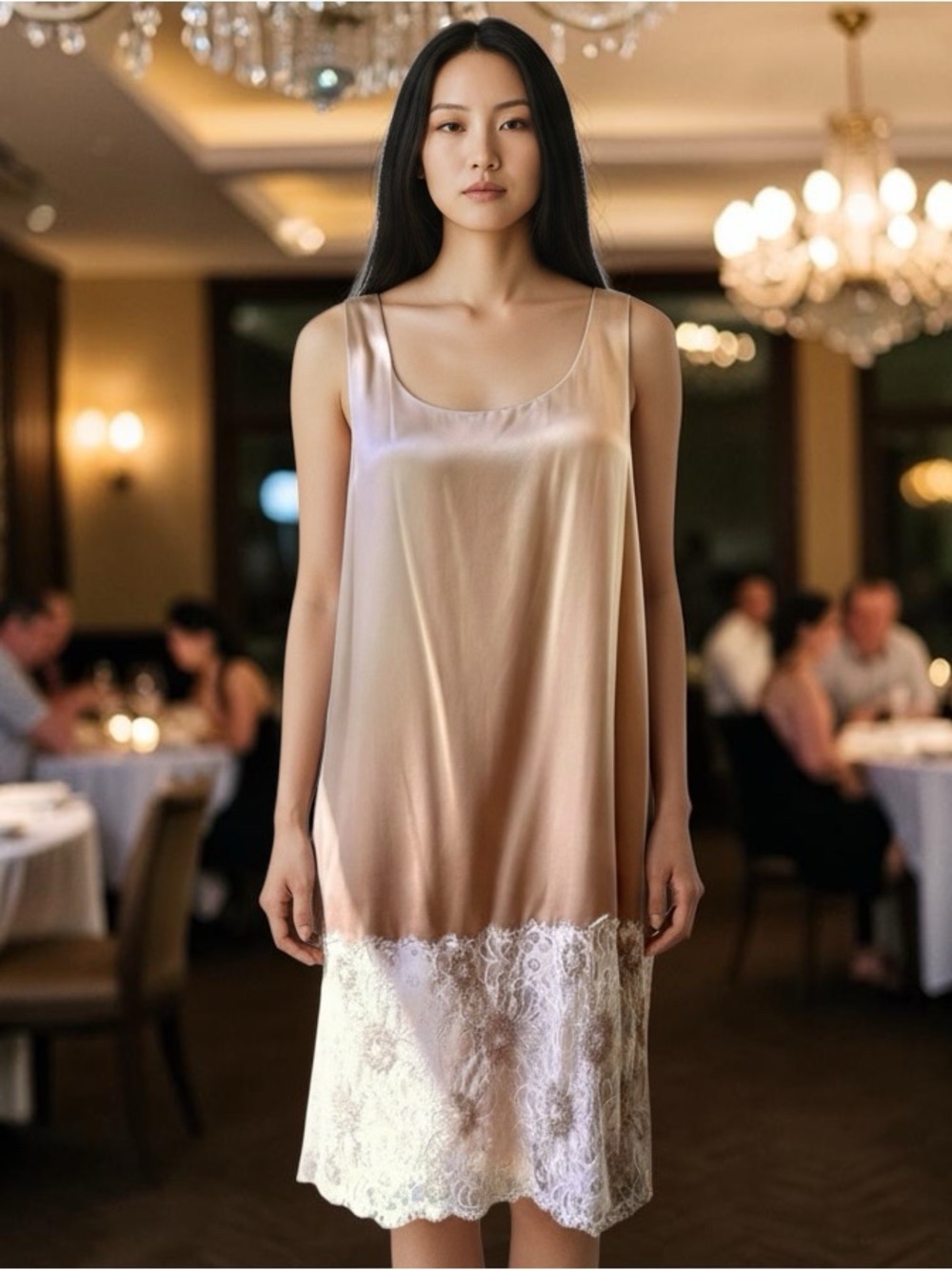 Haute Hippie Tan and Cream Midi Dress with Lace and Beaded Detail